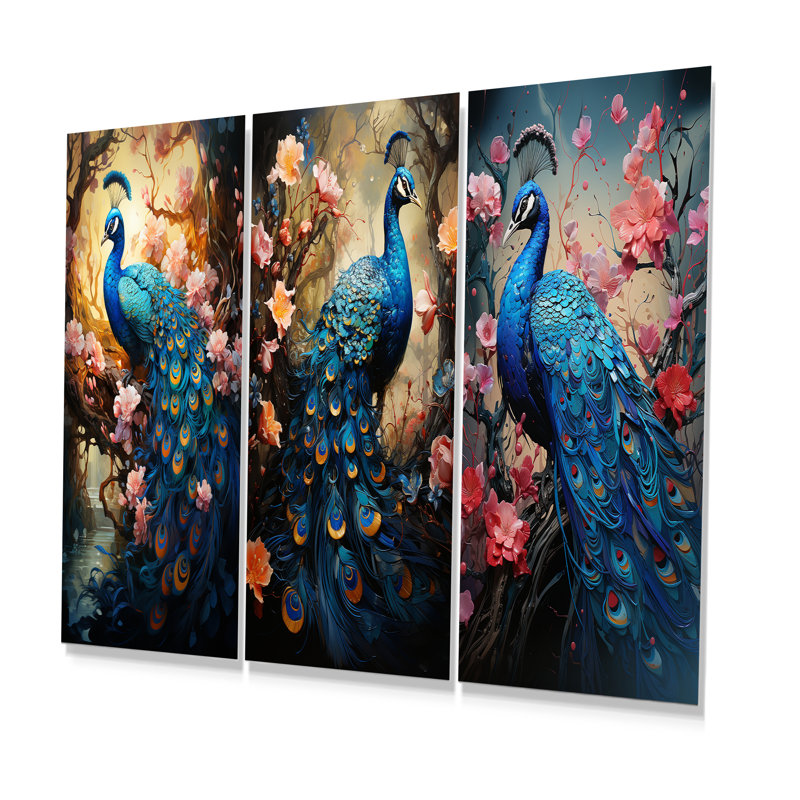 Fantasy Peacock In Enchanted Blooms - Peacock Metal Prints Set Of 3, 28" H x 36" W