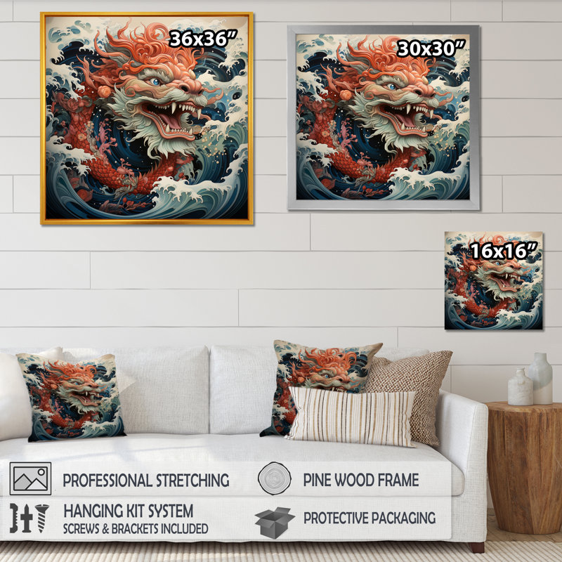 Vague de dragon japonais au large de Kanagawa V - art mural Dragons, Cadre flottant noir, H 30 po x l 30 po x P 1,5 po