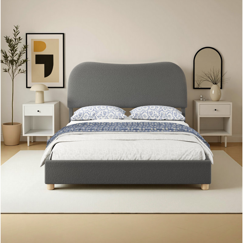 Lit plateforme tapissier Boucle avec tête de lit incurvée et coins arrondis, Gris clair, Grand