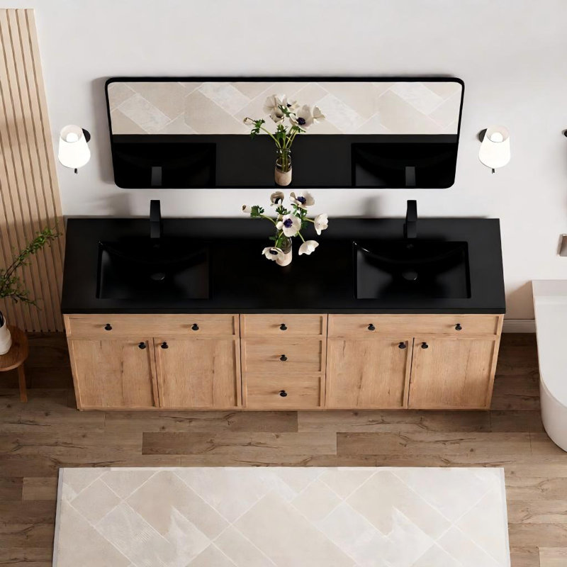 48" Black Integrated Resin Single Bathroom Vanity Sink Top with Zinc Alloy Faucet and Solid Brass Pop Up Drain