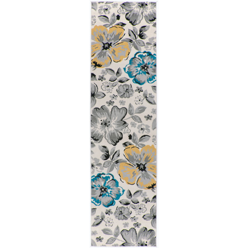 Modern Floral Cream/Yellow/Blue Performance Area Rug, Runner 2' x 7'2"