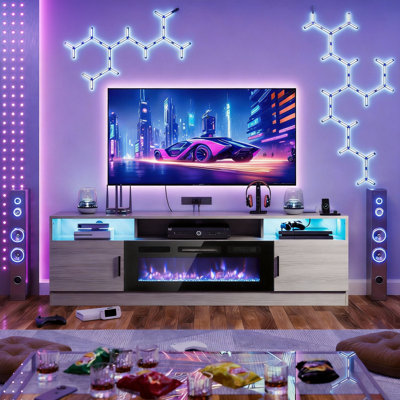 70" Electric Fireplace TV Stand , fits TVs Up to 80", Media Console with Electric Fireplace and Power Outlets, 12 Flame Colors，Large Storage Space