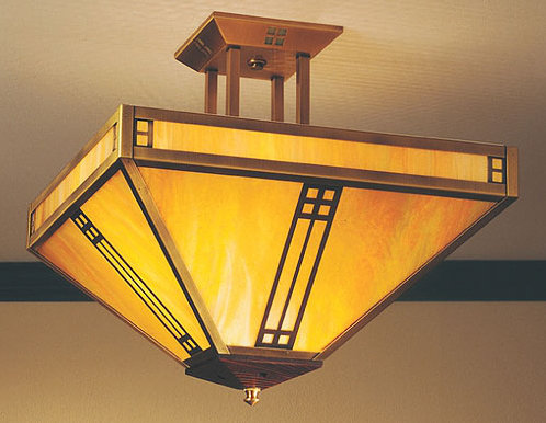 Plafonnier semi-encastré à 4 lumières Pasadena, H 10,88 po x l 11 po / chêne, Laiton antique, Blanc opalescent