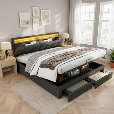 Grey Linen 4FT6 Double Upholstered Bed with LED Lighting, Hydraulic Storage, Drawers, Stowable Foam Headboard, 135x190 cm
