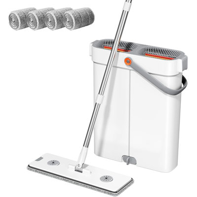 JOYBOS Self-wringing Flat Mop Set With Narrow Dual-compartment Bucket (wash & Dry Zones), 7-layer Scraper And 4 Reusable Pads For Floors & Tight Spaces