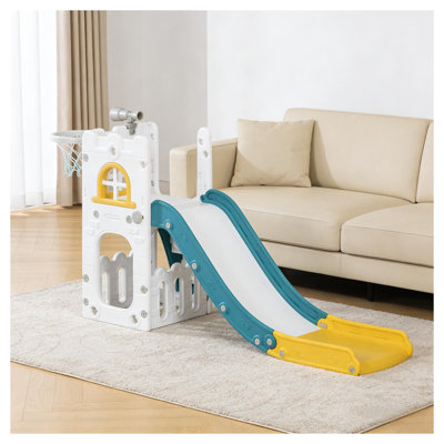 5-in-1 Toddler Slide with Basketball Hoop and Storage Basket in Green and Yellow