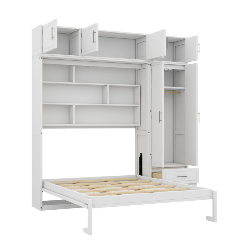 Lit mural sophistiqué pour grand lit avec armoire supérieure, étagère et placard intégré, Blanc