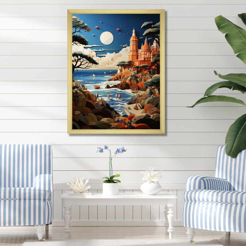«Coastal Seaside Adventure Papercut I», reproduction sur toile, H 44 po x l 34 po x P 1,5 po, Encadrement doré