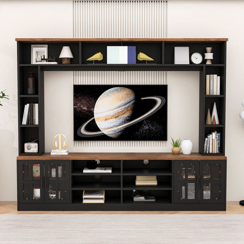 Meuble audio-vidéo moderne avec armoires, portes en verre trempé, tablettes réglables et système de gestion des câbles, Black