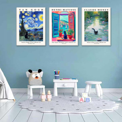 Framed Black Cat Canvas Wall Art Set Of 3 – Van Gogh Matisse Monet Inspired Paintings Art Prints, Funny Cat Aesthetic Pictures For Living Room Bedroom Bathroom – 12X16in