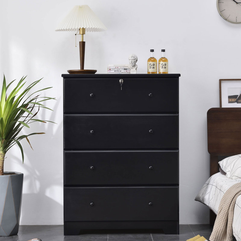 Solid Wood 32.50'' W 4 - Drawer Dresser, Black
