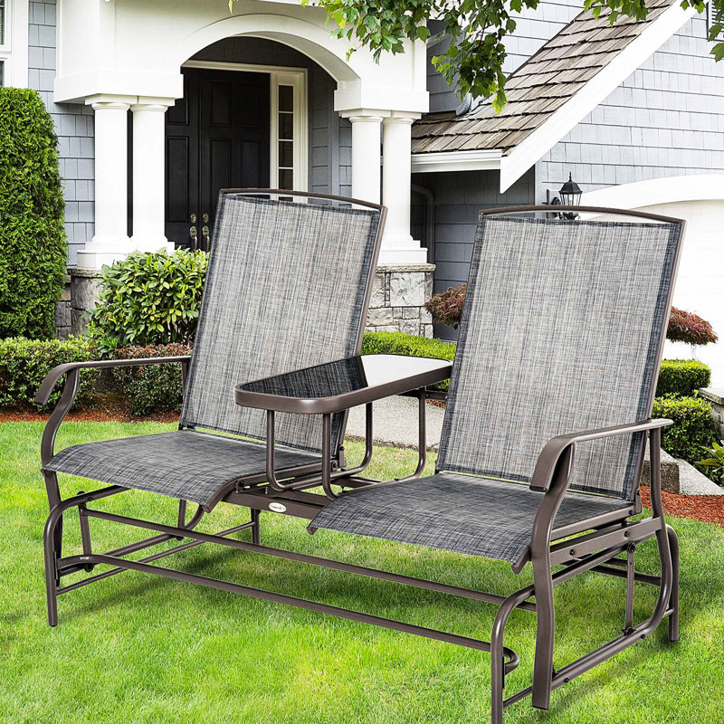 Outdoor Glider Bench With Middle Coffee Table. Gray Metal Frame Patio . Double Gliding Comfort For Garden, Porch. Breathable Mesh Fabric. Holds Up To 726 Lbs. 32"D X 58.25"W 39.25"H Table Integration