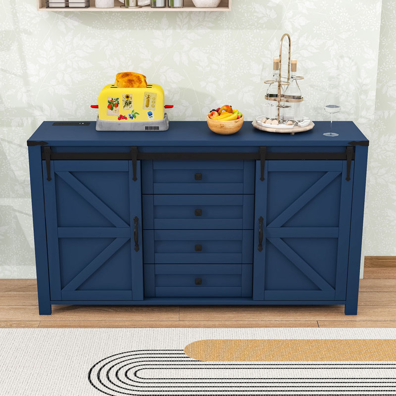 Farmhouse 4 Drawers Sideboard Buffet Cabinet with Sliding Doors, Built-In Power Outlet and Ample Storage, Navy Blue
