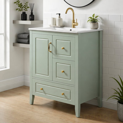 Meuble-lavabo de salle de bain avec lavabo, une armoire avec porte à fermeture douce, 3 tiroirs à fermeture douce, poignées en métal rétro, lumière