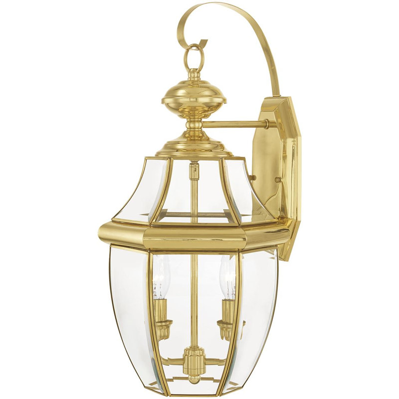 10.5in 2-Light Outdoor Wall Lantern Pendant Fixture with Clear Beveled Glass Shade, Brass