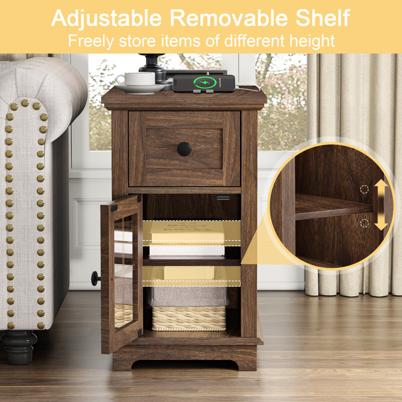 Dark Walnut Rectangular End Table Set with Storage and Charging Station