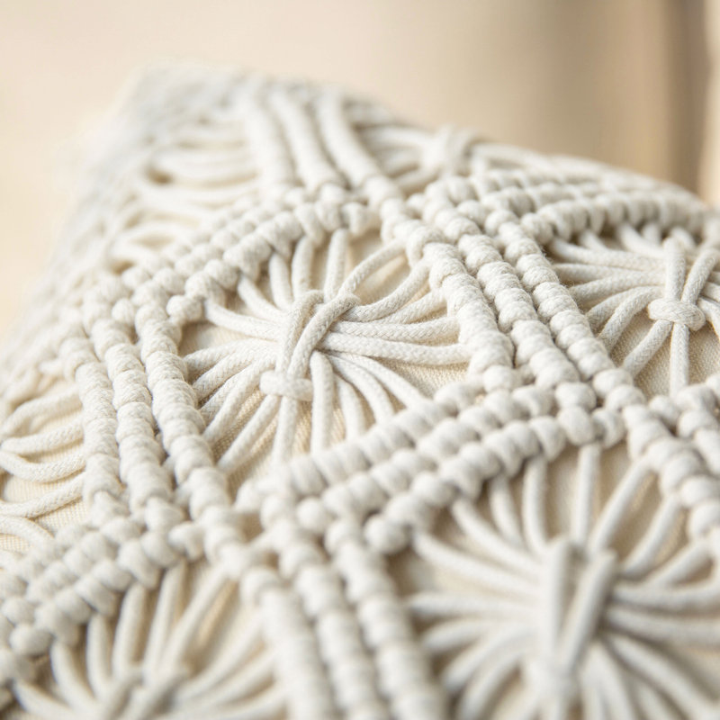 Handmade Crochet Off-White Cotton Boho Throw Pillow 18x18 inches