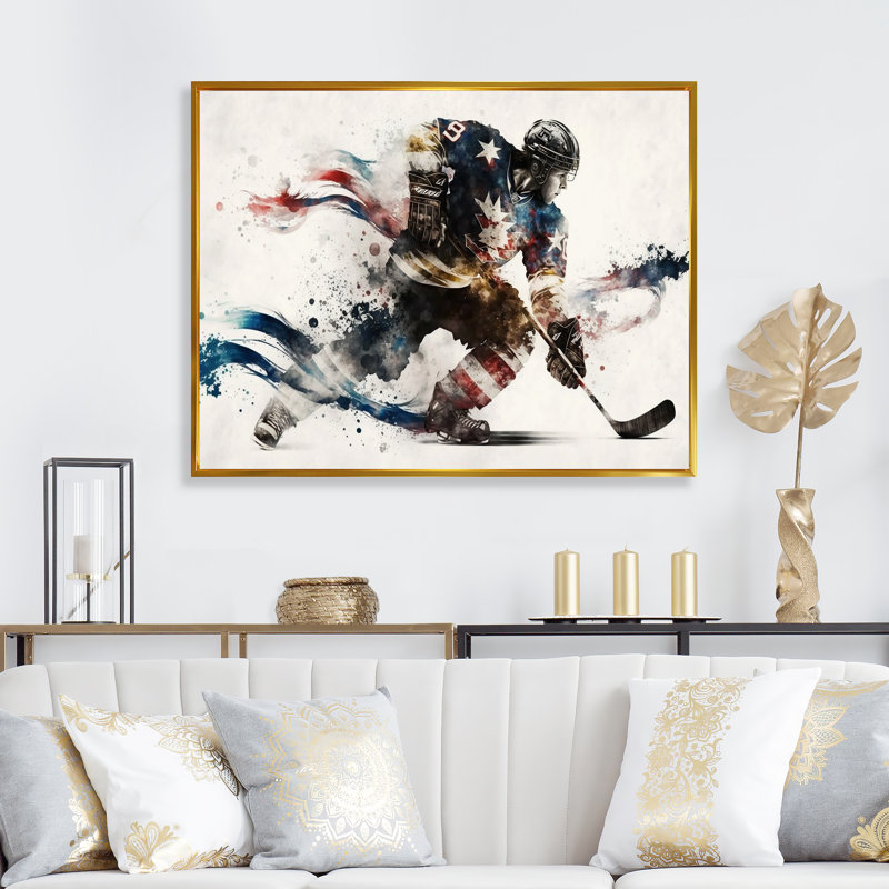 Joueur de hockey des États-Unis en action VI - art mural de hockey sportif, H 12 po x l 20 po x P 1 po, Cadre flottant doré
