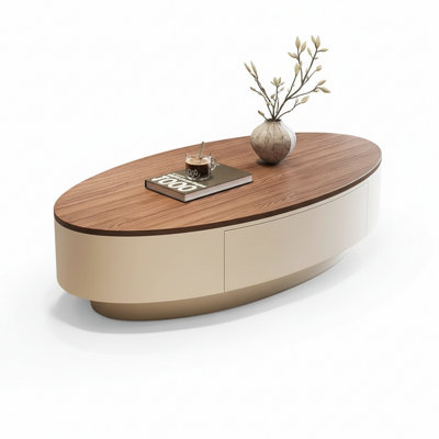 Table basse en noyer massif Mid-Century moderne avec tiroir de rangement en bois massif | Table basse ovale à profil bas | L 47,24 po x H 12,99 po