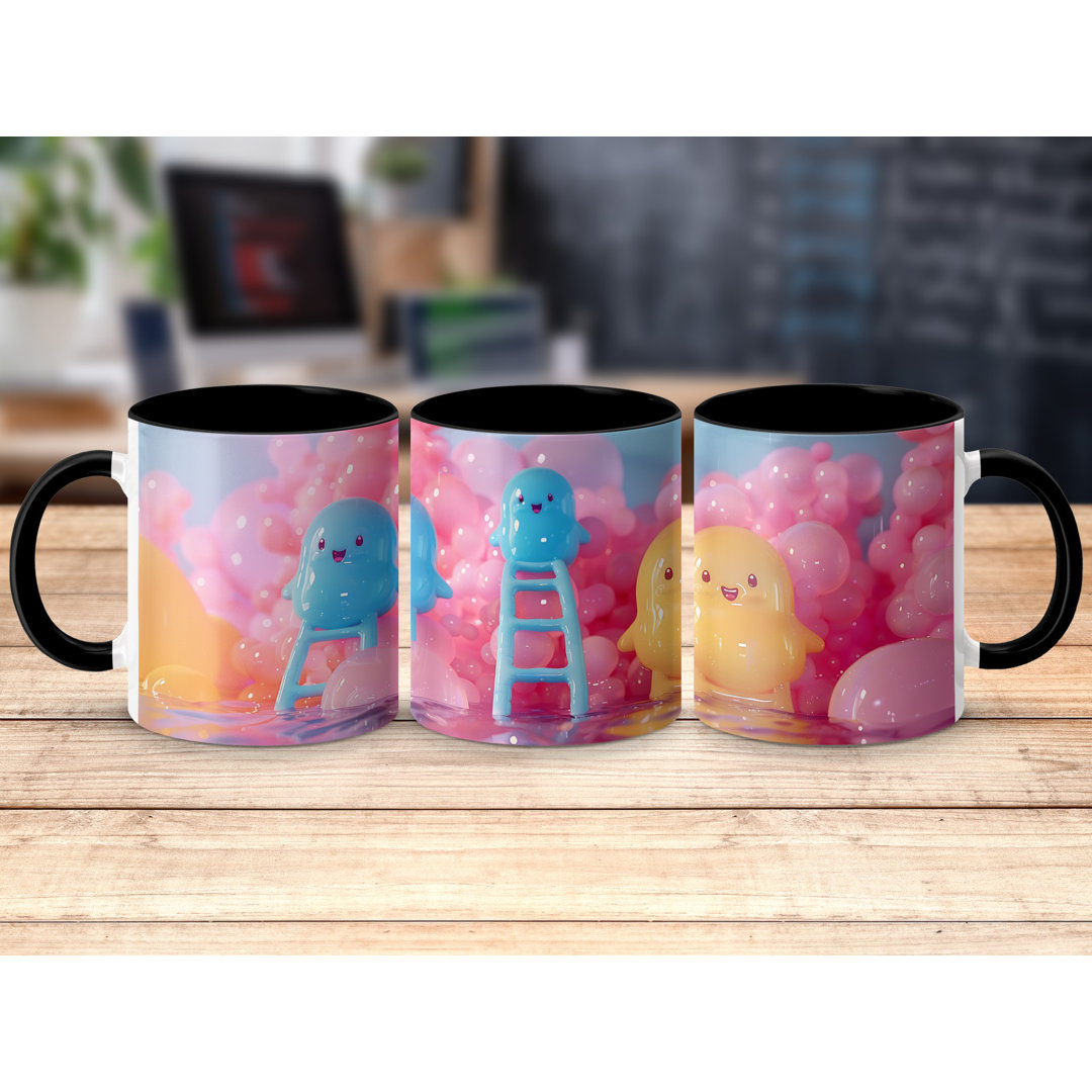 Set of 3 Colourful 3D Design 11oz Accent Mugs – White Ceramic Coffee Cups with a Black Handle and Interior