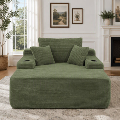 Convertible Chaise Lounge Chair with Cup Holder, Spring Padding, and Corduroy, No Assembly, Green