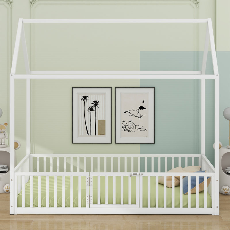 Keisha Metal House Bed with Fence, Full, White