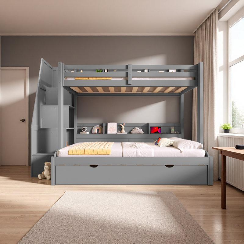 Lit simple superposé au dessus d'un lit double avec escalier de rangement, lit gigogne, tablettes de rangement, DEL et USB