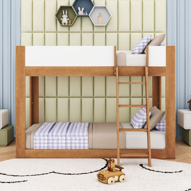 Lit superposé en bois avec échelle réversible et barrières de sécurité, Simple sur simple, Noyer