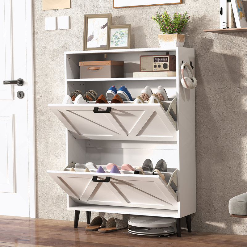 Étagère à chaussures autoportante étroite avec rangement ouvert pour entrée, Blanc antique
