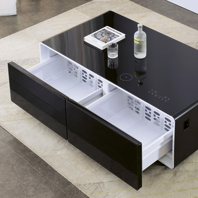Réfrigérateur Smart Table, table basse multifonctionnelle, plateau de table et rangement arrière en verre trempé