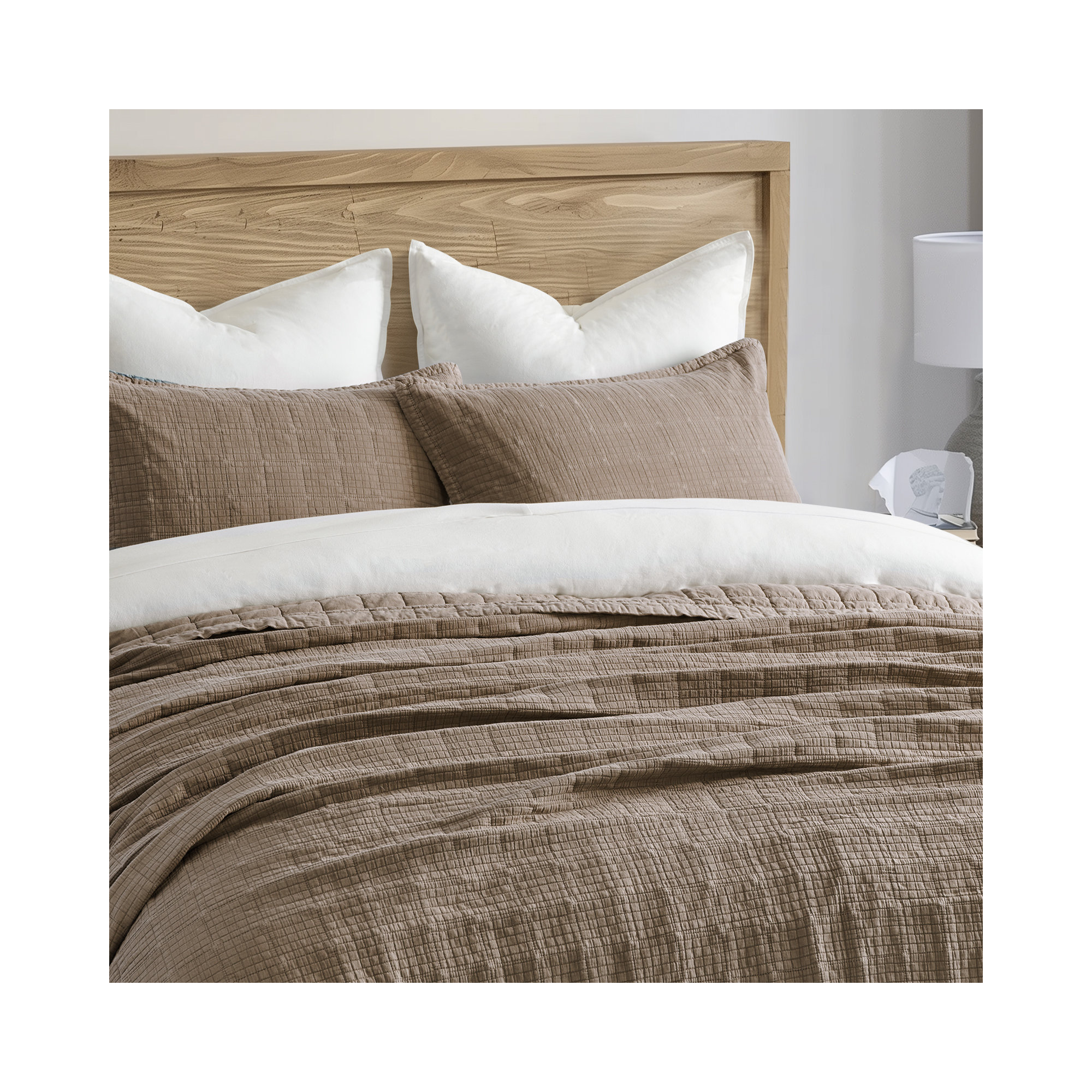 Stonewashed Crinkle Cotton Box Stitch Quilt Set, Mocha Brown, Queen Quilt + 2 Queen Shams