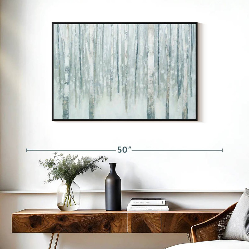 Bouleaux en bleu-gris d'hiver, Cadre flottant noir, 37 po x 25 po