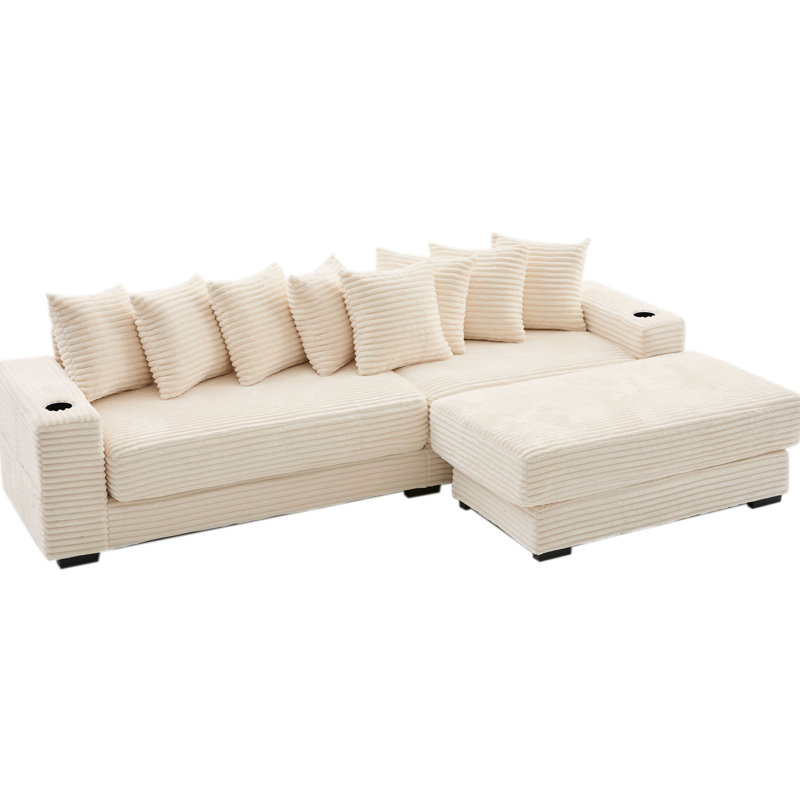 Vidéo - Canapé modulaire en velours côtelé 110,48 po, repose-pieds mobile, porte-gobelets, lit en L avec poches à magazines, 8 coussins et fonction