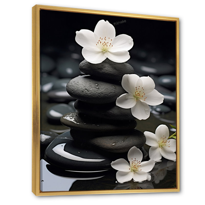 Zen Zen Serenity fleurs blanches pierre noire Cairn - impressions spirituelles sur pierre, H 20 po x l 12 po, Doré