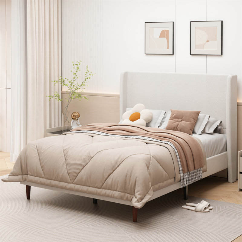 Base de lit tapissier moderne, lit moelleux élégant avec 12 lattes et dossier haut, Grand lit, Crème, crème