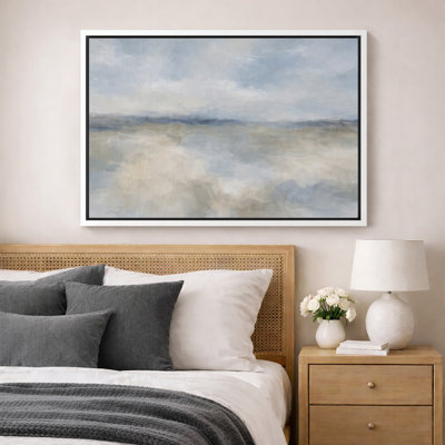 Soft Blue Beige Abstract Sky Landscape Artwork, Minimalist Living Room Pictures, Framed Canvas Giclee Print Wall Art