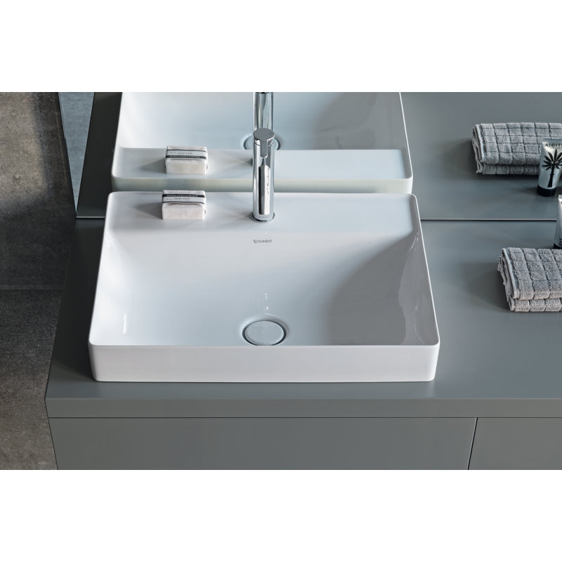 White Ceramic Rectangular Vessel Bathroom Sink, 8" Centers