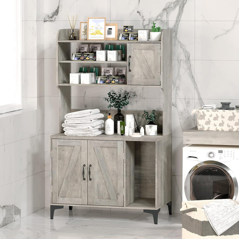 Grey Wood Freestanding Cat Litter Box Enclosure with Shelves