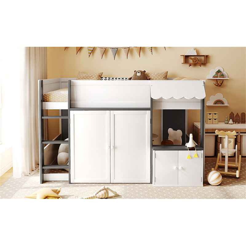 Lit mezzanine double avec maisonnette et rangement, Blanc / Gris