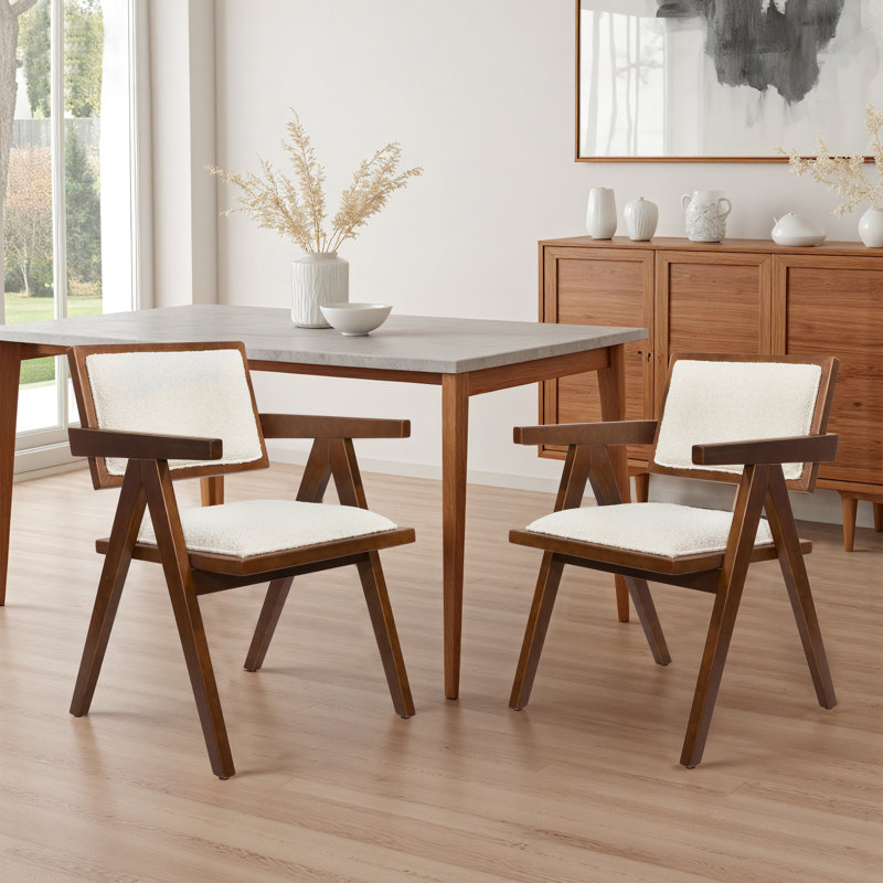 Retro Upholstered Dining Arm Chair Wooden Framed Side Chair, White/Walnut