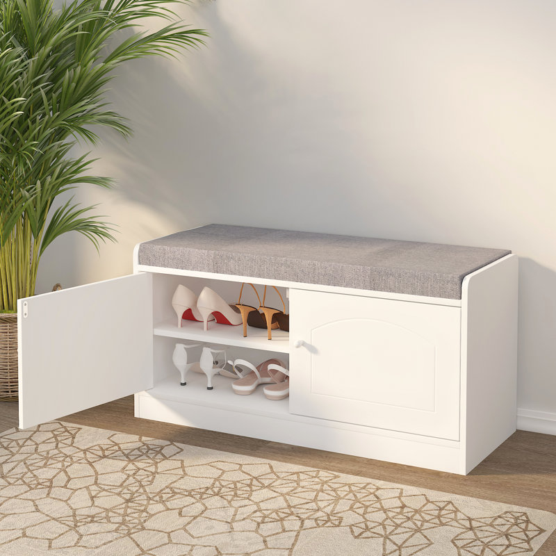 Banc de rangement pour chaussures avec armoire à 2 portes, banc d'entrée avec rangement pour chaussures, banc de chaussures avec coussin, tablettes réglables, banc de rangement pour chaussures