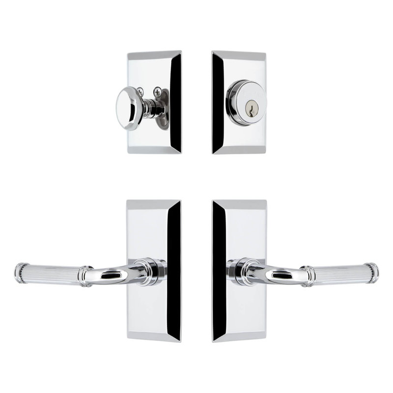 Ensemble d'entrée complet à plaque courte Fifth Avenue avec pêne dormant cylindrique simple et levier Soleil, Chrome brillant