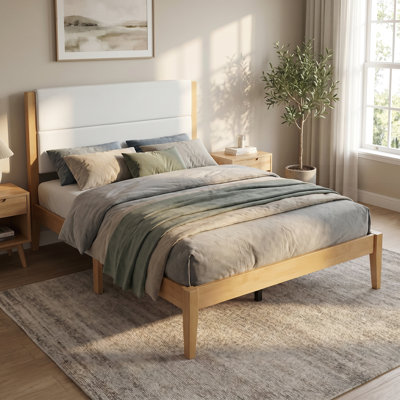 Mid-Century Modern Platform Bed Frame with Upholstered Headboard