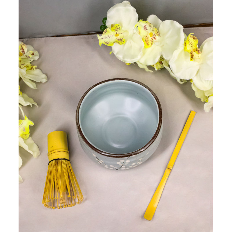 Ensemble de fouets et cuillères à thé en céramique japonais matcha et prune, Prune, bleu