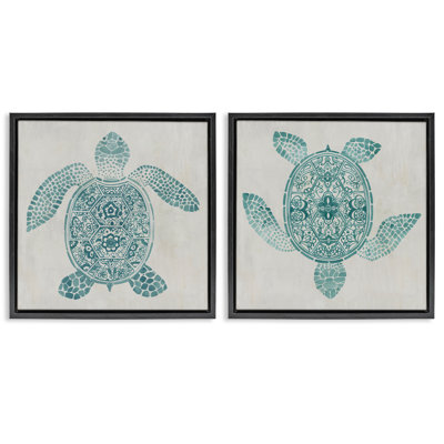 Geometric Maritime Sea Turtles 2 Piece Framed Floater Canvas Set, design by Hannah Dawson