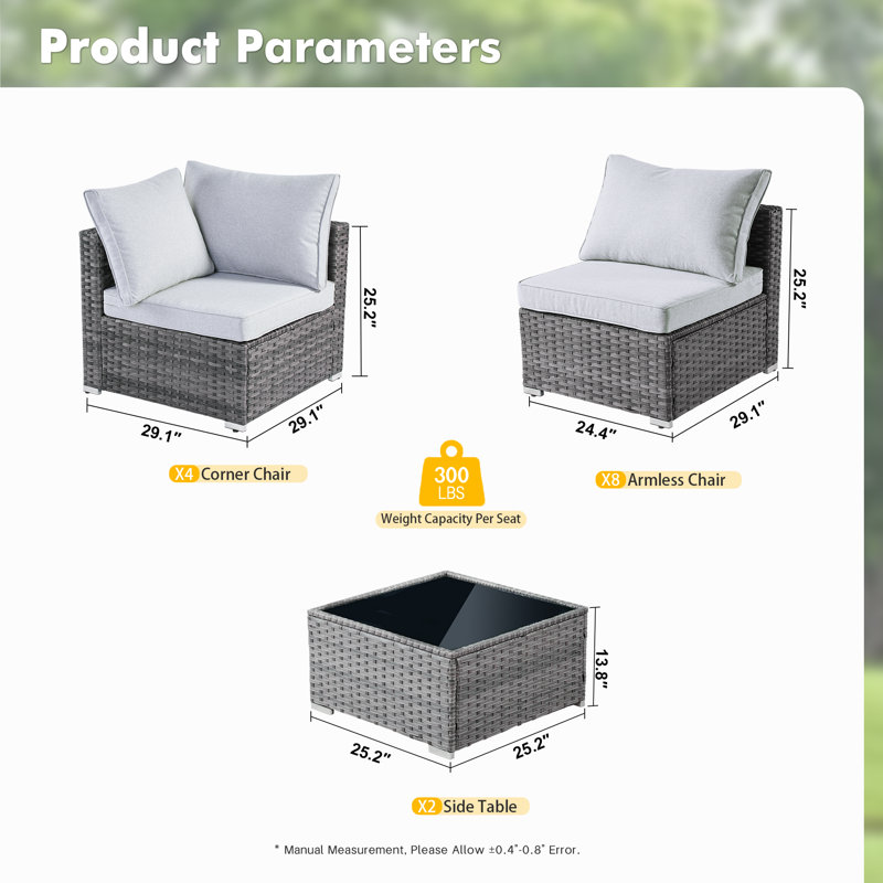 Ensemble de patio modulaire en osier toutes saisons pour 12 personnes avec coussins, Gris
