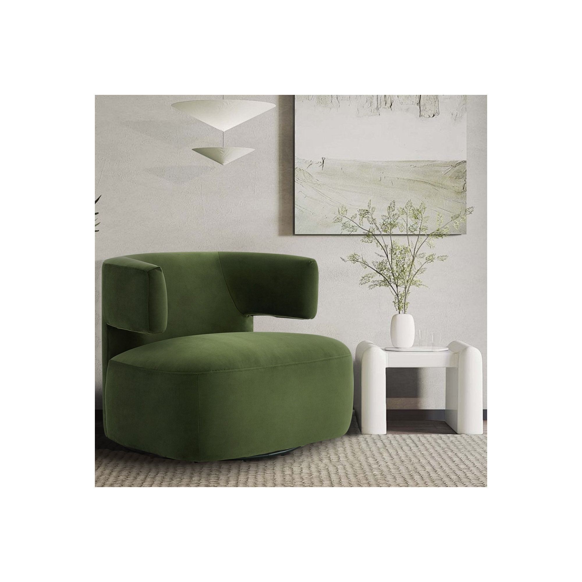 Bascom Upholstered Swivel Barrel Chair, Green Tweed