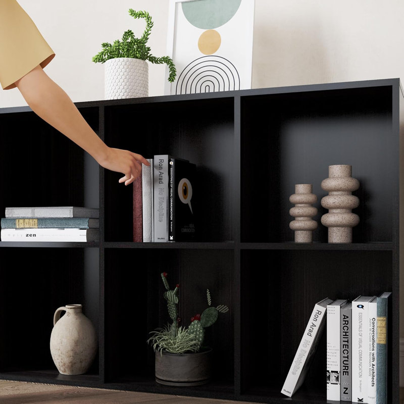 Latitude Run® Bookcase, 6 Cube Open Storage Organizer Display Bookshelf, Obsidian Wood, 23.6" H x 35.1" W x 11.8" D