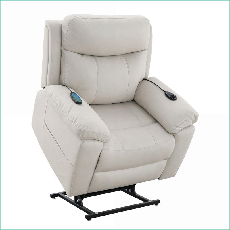 Recliner with Power Motion Lift, Heating &amp; Massage | Modern Beige Polished Microfiber, White