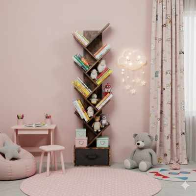 Nine-Tier Tree-Shaped Bookshelf With Drawer Bookcase, Modern Book Storage, Freestanding Tree Bookcase, Utility Organizer Shelves For Home Office, Living Room, Or Bedroom (Rustic Brown Finish)